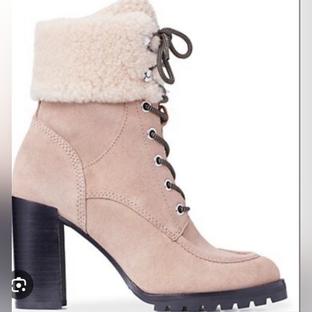 New Paige Nina Suede Shearling Booties Taupe Lace Up
